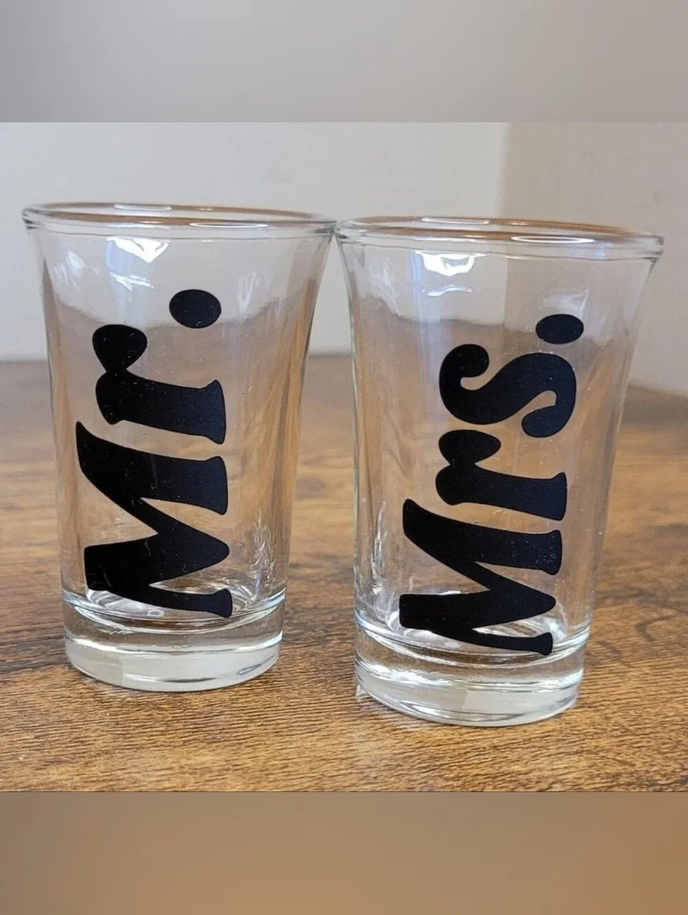 Set of Two Clear Glass Shot Glasses with Black Script